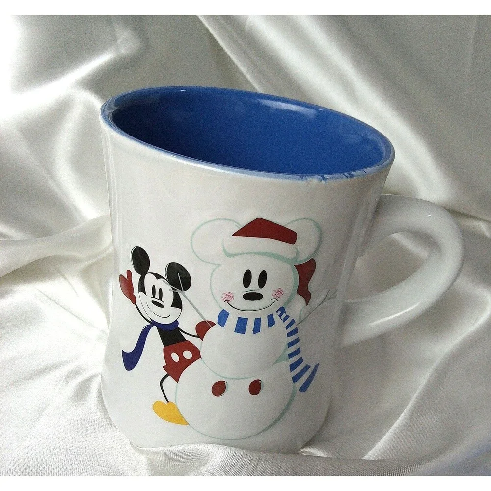 Vtg. Disney Mickey & Snowman Blue Checkerboard Lunch Set-9'' Plate, Bowl, Mug